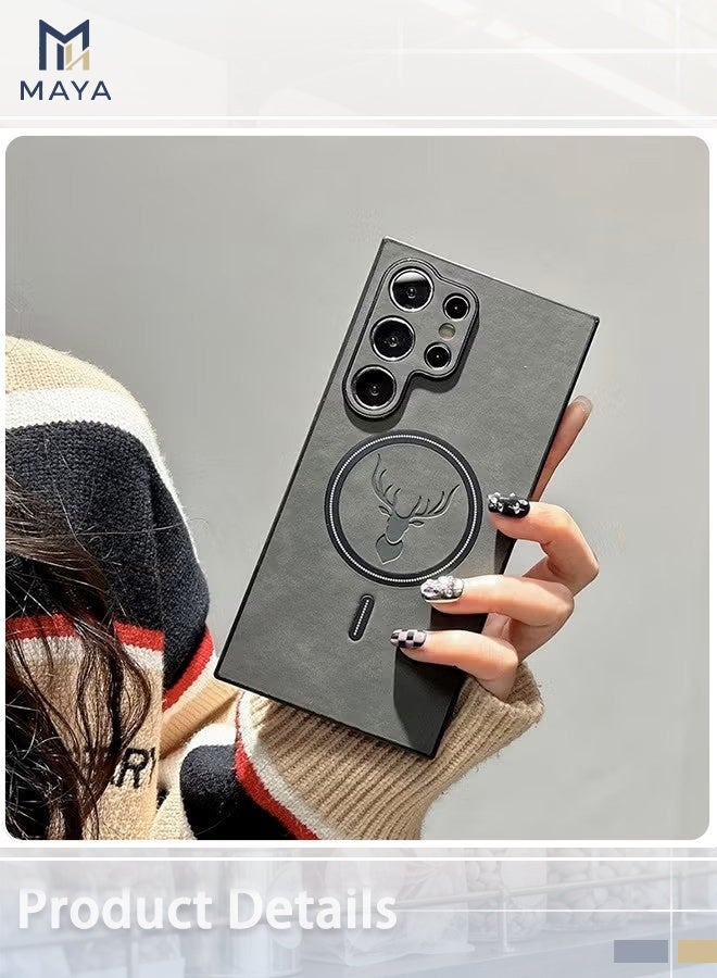 مايا جراب من جلد الخروف بنقشة جلد الأيل لهاتف سامسونج S24 ألترا، مقاوم للصدمات، مزود بمغناطيس، متوافق مع الشحن اللاسلكي ماج سيف، جراب هاتف من الجلد الصناعي الناعم، [متوافق مع ماج سيف] غطاء حماية ممتاز (رمادي) - Image 2